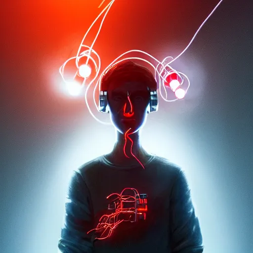 Image similar to a Portrait of a cyborg with wires coming out of his face, red glowing eyes, by Sam Spratt, by Vlad Rodrig﻿u﻿e﻿z, computer screens in the background, trending on Artstation, dark, dramatic, cinematic, realistic studio lighting, realistic reflections, 4k, professional, canon