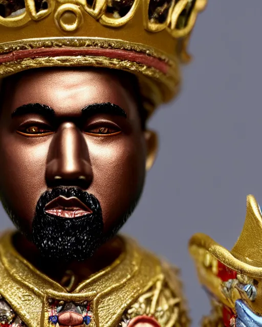 Prompt: highly detailed closeup, face profile portrait of a tin toy kanye west as a fairytale king wearing a crown and sitting on a throne, robes, depth of field, nicoletta ceccoli, mark ryden, lostfish, max fleischer, breathtaking, detailed and intricate environment, 8 k resolution, hyperrealistic, octane render