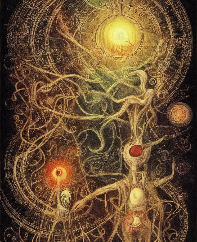 Image similar to whimsical freaky creature sings a unique canto about'as above so below'being ignited by the spirit of haeckel and robert fludd, breakthrough is iminent, glory be to the magic within, painted by ronny khalil