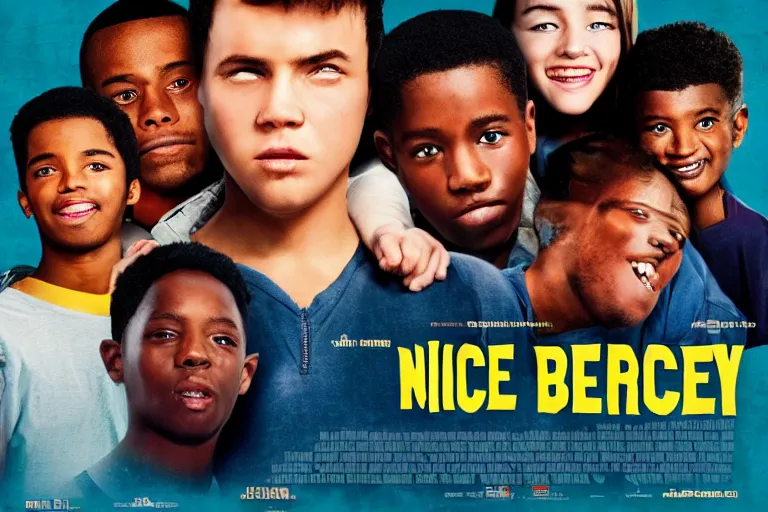 Image similar to a movie poster with dog - eared corners, advertising a movie called nice boys, showing a diverse crowd of young men being nice to strangers