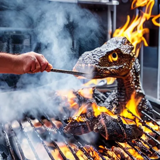 Prompt: photo of a chef roasting a realistic dinosaur on a grill