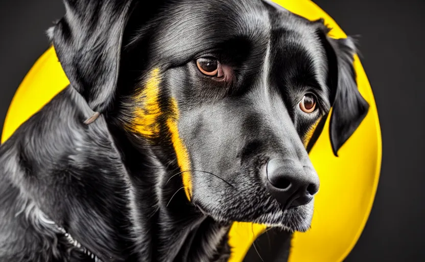 Image similar to studio photography of a dog, yellow background, detailed face, cinematic lighting, 8 k