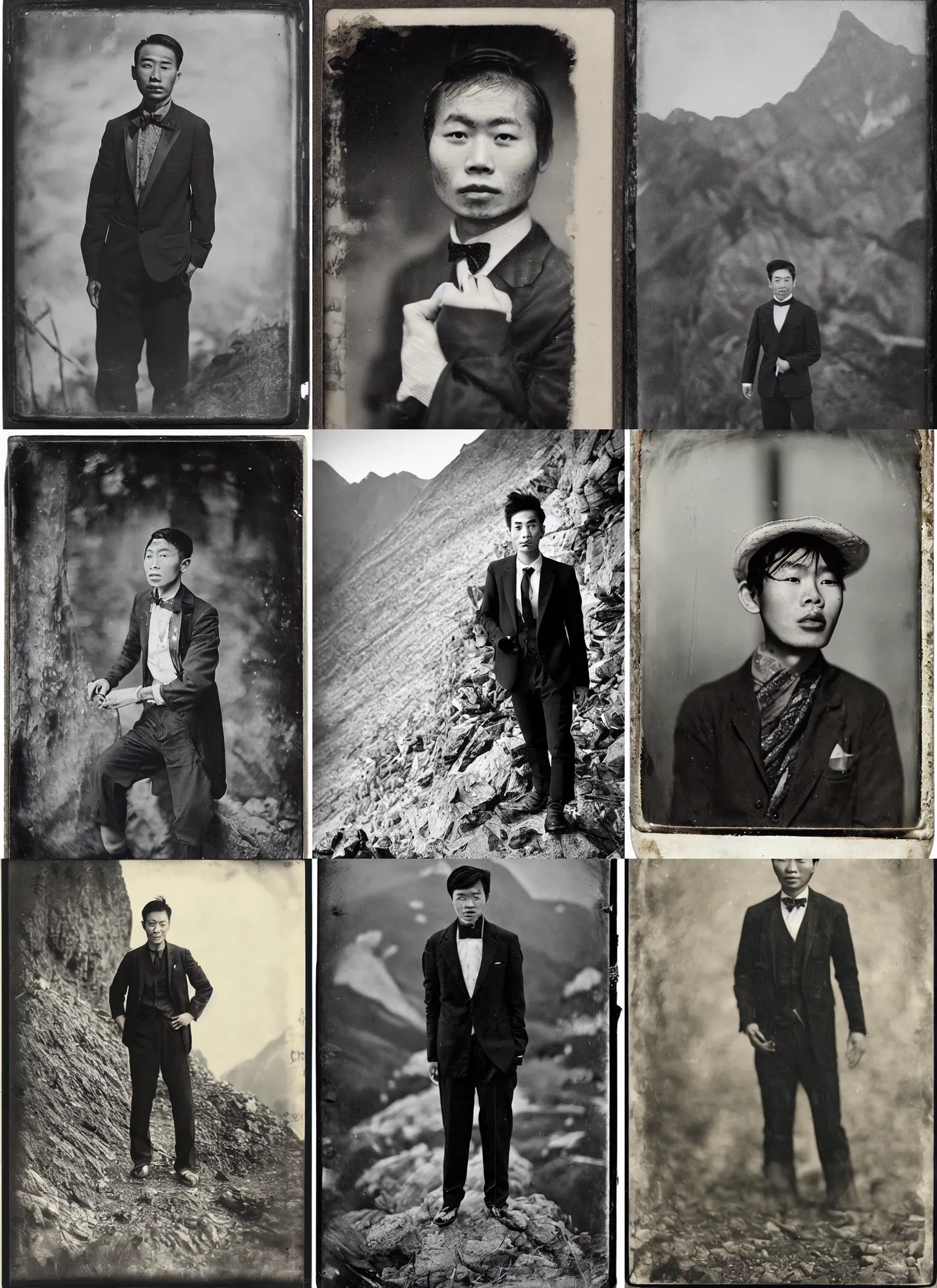 Prompt: wet plate photography young asian man in black suit, trekking mountain background