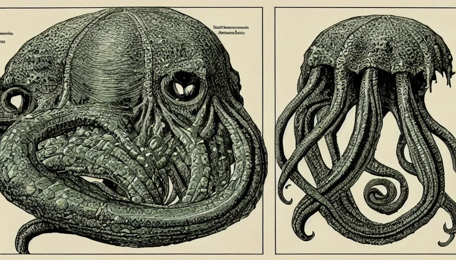 Image similar to cthulhu cross section scientific illustration biology book, highly detailed