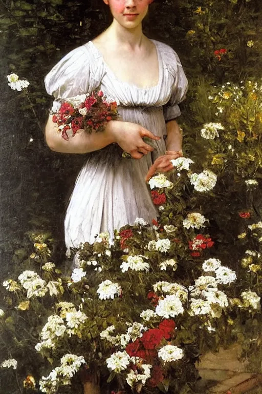 Image similar to Richard Schmid and caravaggio full length portrait painting of a young beautiful edwardian girl hold a large bouquet of flowers standing in a cottage garden