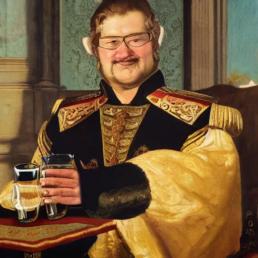 Prompt: A detailed oil painting of a majestic emperor toasting with a large beer mug by John Parrot and Robert Lefevre