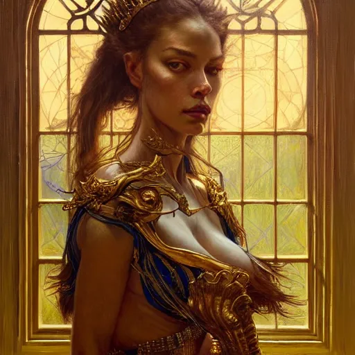 Image similar to highly detailed portrait of a majestic lioness queen in the form of a beautiful woman. d & d. art by donato giancola, eugene delacroix, ruan jia, carl larsson, peter mohrbacher. trending on artstation, intricate details, energetic composition, golden ratio, concept art, illustration, elegant art, global illuminaition