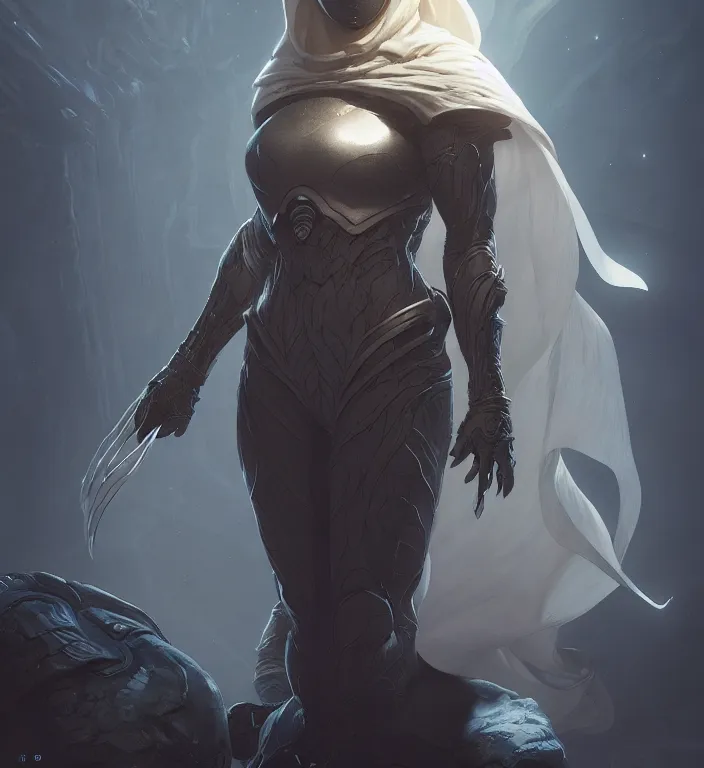 Image similar to female moon knight, hyper detailed, digital art, trending in artstation, cinematic lighting, studio quality, smooth render, unreal engine 5 rendered, octane rendered, art style by klimt and nixeu and ian sprigger and wlop and krenz cushart