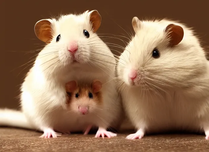 Prompt: photo of a two hamsters and their babies, cinematic color grading, various poses, soft light, faded colors, well framed, sharp focus, 8 k