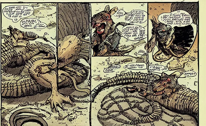 Prompt: incredible comic panel showing a desert mouse complete the ritual of manhood by capturing and riding a sandworm of the deep desert