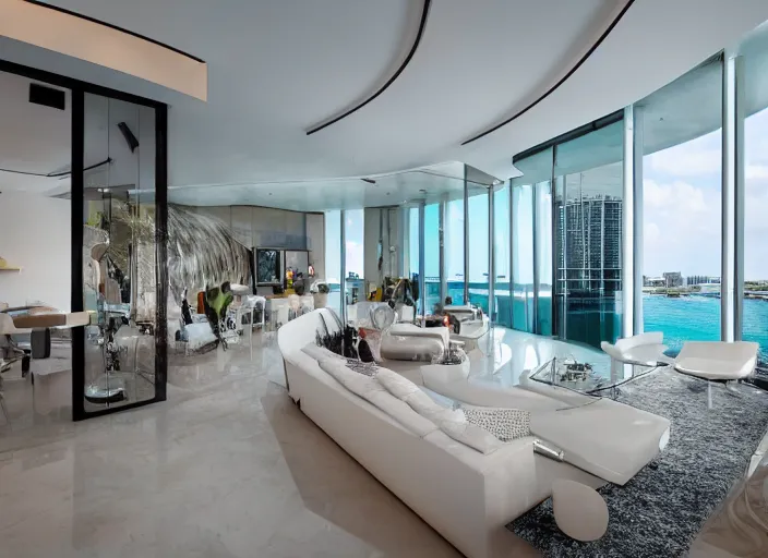 Image similar to 8 k photograph of stunning 2 0 2 2 miami modern living room, award winning design, designed by michael wolk + beatriz pascuali