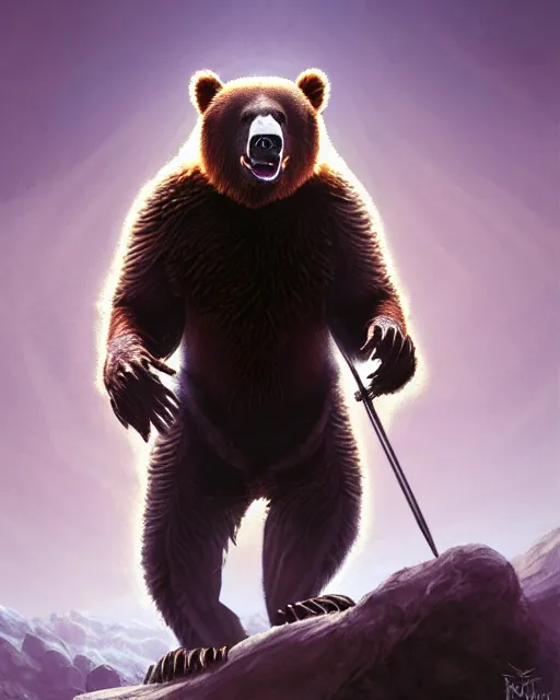 Image similar to Laughing Bear Musician, magic the gathering artwork, D&D, fantasy, cinematic lighting, centered, symmetrical, highly detailed, digital painting, artstation, concept art, smooth, sharp focus, illustration, volumetric lighting, epic Composition, 8k, art by Akihiko Yoshida and Greg Rutkowski and Craig Mullins, oil painting, cgsociety