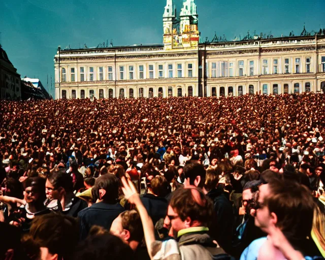 Prompt: crowd rally against a large leg in vienna, shot on kodak portra 4 0 0 3 5 mm film