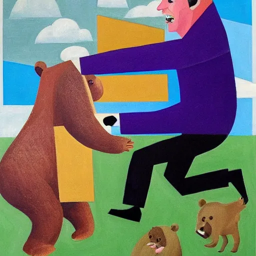 Prompt: nigel farage being chased by a bear, cubism painting