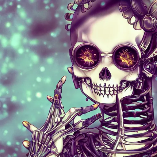 Image similar to surreal manga anime photo portrait of complex bio - mechanical beautiful young female skeletal cyborg with a mandelbrot fractal steampunk metal skull face, disney, retrofuturistic depressing, floral foliage, rococo, steampunk, 8 k