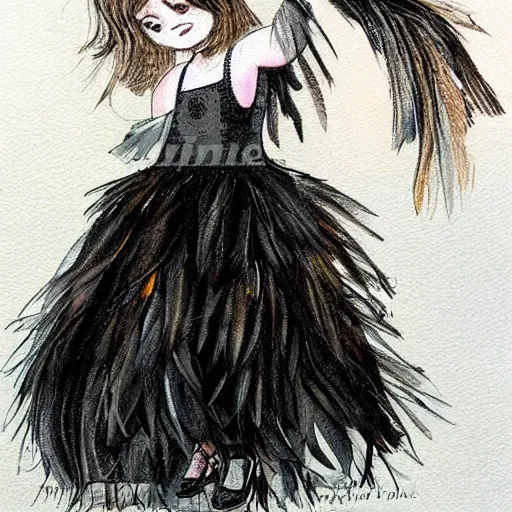 Image similar to little girl wearing an dress made of black feathers, art by ilya kushinov