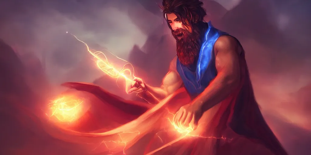 Prompt: a handsome brown hair bearded male sorcerer, he is casting a blue and red spell, waist up, light rays, bloom, epic composition, dynamic lighting, post processing, photoshop, concept art, cinematic, trending on artstation