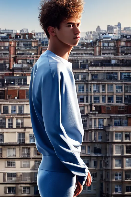 Image similar to un ultra high definition studio quality photographic art portrait of a young man standing on the rooftop of a british apartment building wearing soft padded silver pearlescent clothing. three point light. extremely detailed. golden ratio, ray tracing, volumetric light, shallow depth of field. set dressed.