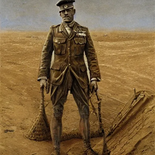 Image similar to ultra detailed photorealistic sepia - toned painting from 1 9 1 7, a british officer in field fear standing at an archaeological dig site in wadi rum, ultra realistic, painted, intricate details, lovecraft, atmospheric, dark, horror, brooding, highly detailed, by angus mcbride