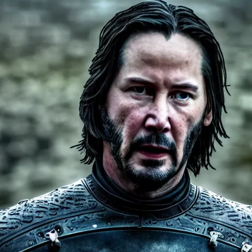 Image similar to keanu reeves in game of thrones, 4 k, epic, cinematic, focus, movie still, fantasy, serious, extreme detail, atmospheric, dark colour, sharp focus