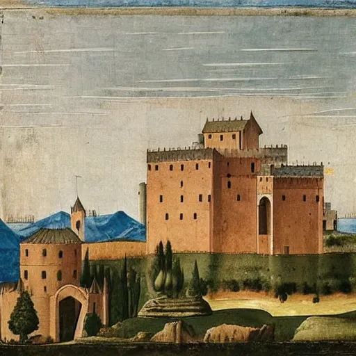 Image similar to a castle with many storey and towers in a serene landscape, by giotto