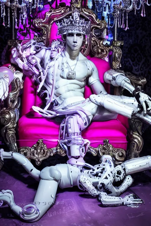 Image similar to full-body rococo and cyberpunk style neon statue of a muscular attractive Nick Jonas macho dotado e rico android sim roupa reclining con las piernas abertas e la piroca dura, glowing white laser eyes, prince crown of pink gears, diamonds, swirling silver-colored silk fabric. futuristic elements. full-length view. space robots. human skulls. intricate artwork by caravaggio. Trending on artstation, octane render, cinematic lighting from the right, hyper realism, octane render, 8k, depth of field, 3D