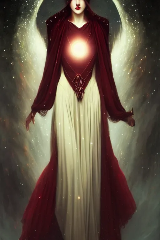 Image similar to a dark fantasy world, glowing, stars, a long-legged elegant evil woman, mysterious, ethereal, dressed in red velvet, haute couture, illustration, dramatic lighting, soft details, painting, by Edmund Blair Leighton, Brom, Charlie Bowater, trending on artstation, faces by Tom Bagshaw, Sargent