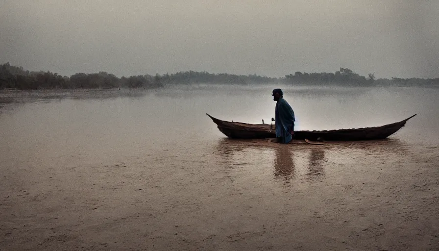 Image similar to a man in a organic barque on a mud river, leica sl 2 technicolor, heavy grain, high quality, high detail