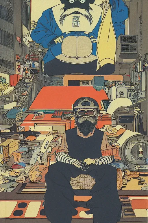 Prompt: !dream awe-inspiring 1980s Japanese cyberpunk style illustration of a grandfather with a beard sitting on the floor by Masamune Shiro and Katsuhiro Otomo, studio ghibli color scheme, dark, complex