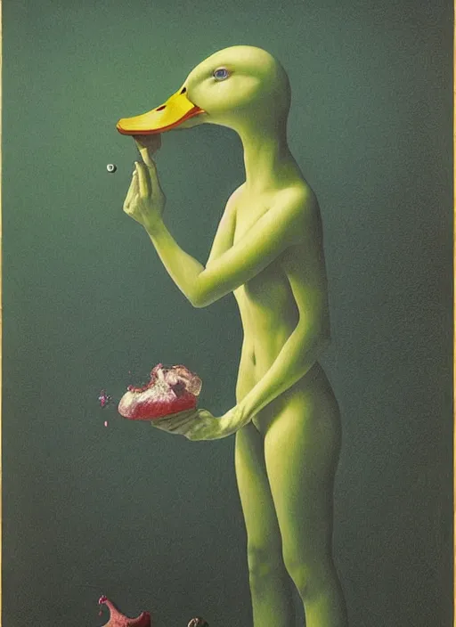 Prompt: The Duck She Eats of the Strangling Fruit and Her polyp blossoms bring iridescent fungal flowers whose spores black the foolish stars Edward Hopper and James Gilleard, Zdzislaw Beksinski, Mark Ryden, Wolfgang Lettl highly detailed