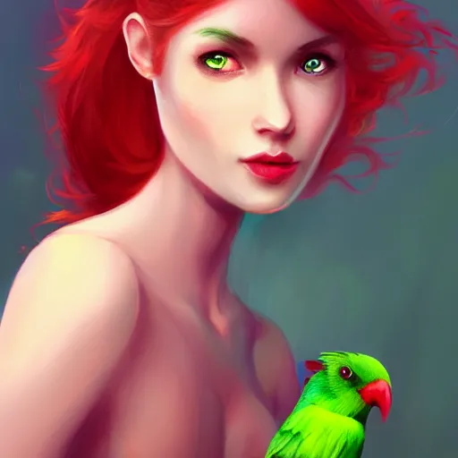 Image similar to a beautiful stunning fantasy whimsical matte digital portrait illustration of a pretty woman with bright green eyes and red hair with her green pet bird, in the style of Ross Tran, trending on artstation, contest winner
