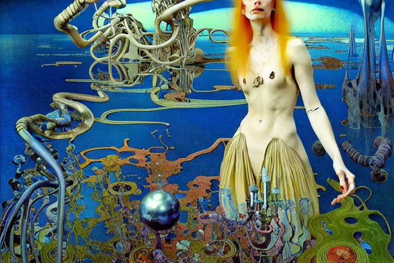 Image similar to realistic extremely detailed portrait painting of alice in wonderland, futuristic sci-fi landscape on background by Jean Delville, Amano, Yves Tanguy, Ilya Repin, Alphonse Mucha, Ernst Haeckel, Edward Robert Hughes, Roger Dean, rich moody colours, blue eyes