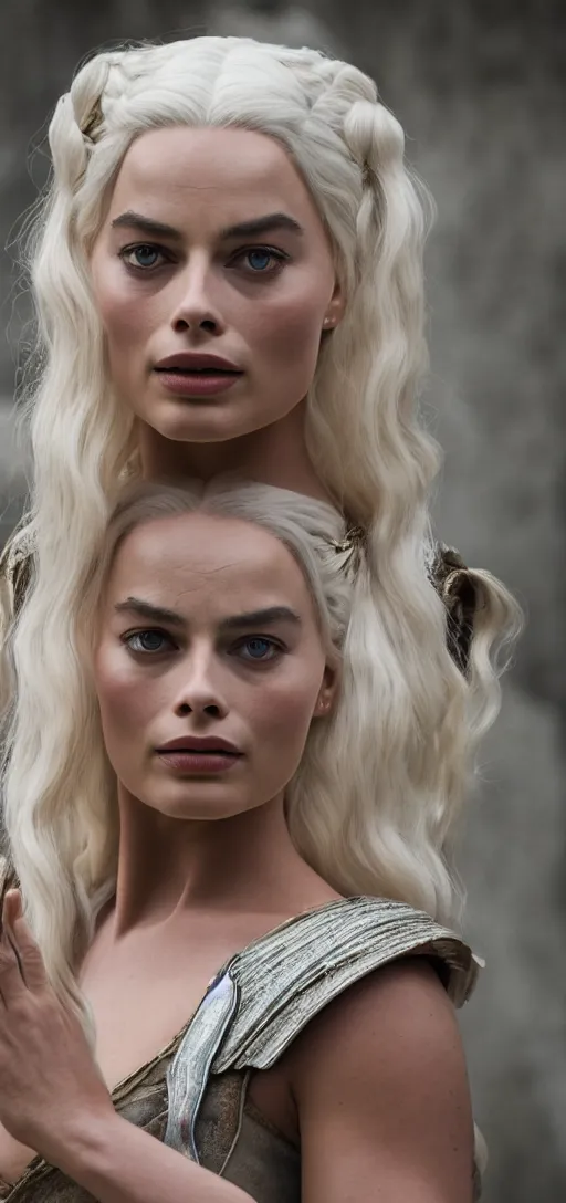 Prompt: Margot Robbie as Daenerys Targaryen, XF IQ4, 150MP, 50mm, F1.4, ISO 200, 1/160s, natural light