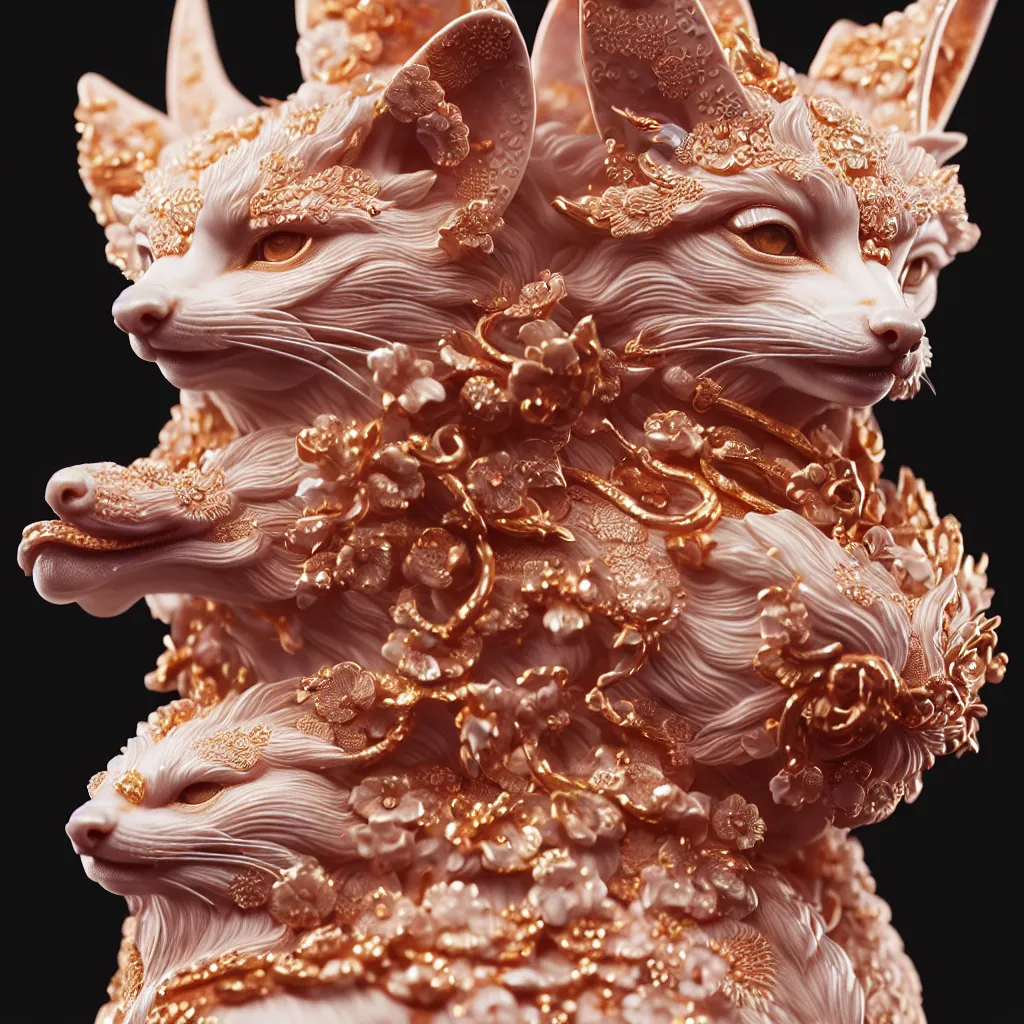 Prompt: a closeup photo - real delicate ceramic porcelain sculpture of an ornate detailed kitsune in front of an intricate background by rafael, micro detail, backlit lighting, subsurface scattering, translucent, thin porcelain, octane renderer, black and hot pink and gold jewelry, physically based rendering, trending on cgsociety