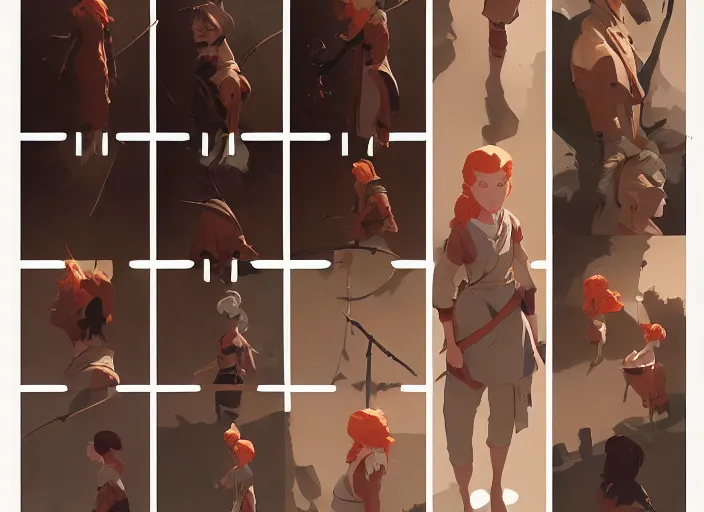 Image similar to character sheet for a ginger woman, for genshin impact by greg rutkowski, james gilleard, atey ghailan, makoto shinkai, goro fujita, studio ghibli, rim light, exquisite lighting, clear focus, very coherent, plain background, soft painting by huang guangjian and gil elvgren and sachin teng