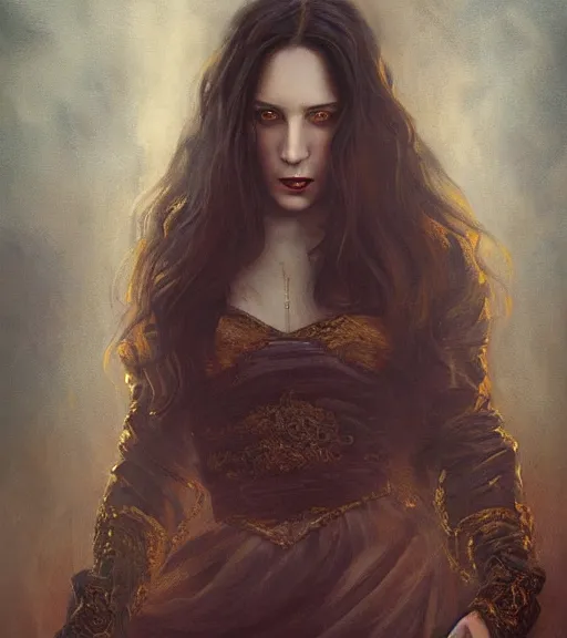 Prompt: majestic gracious!! regal aristocratic!! brunette female vampire portrait, atmospheric lighting, painted, menacing, intricate, volumetric lighting, beautiful, rich deep colours masterpiece, golden hour, sharp focus, ultra detailed, by leesha hannigan, ross tran, thierry doizon, kai carpenter, ignacio fernandez rios