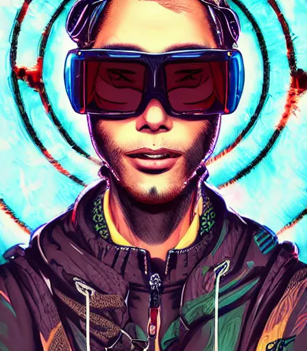 Prompt: hyper detailed comic illustration of a cyberpunk Tanjiro Kamado wearing a futuristic sunglasses and a gorpcore jacket, markings on his face, by Android Jones intricate details, vibrant, solid background, low angle fish eye lens