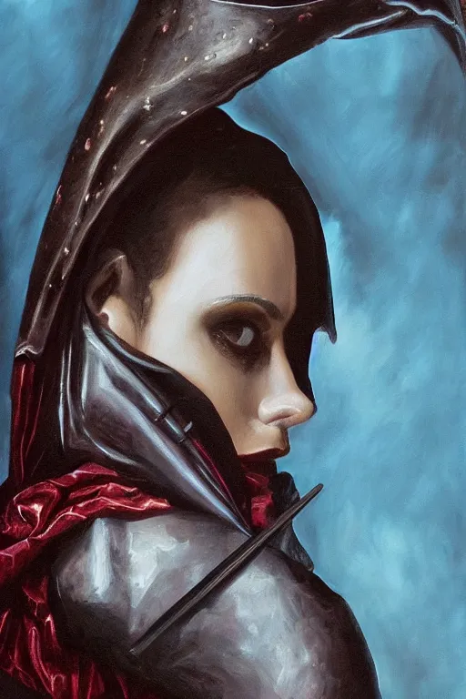 Image similar to hyperrealism oil painting, close - up portrait of european medieval brunette vampire fashion model, knight, steel gradient mixed with nebula sky, in style of baroque