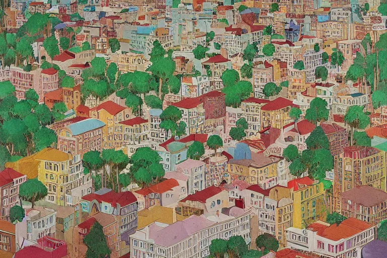 Image similar to an elaborate and dense painting of a peaceful neighborhood in the 1 9 5 0 /, made of alcohol ink on parchment, by wes anderson and geoff darrow