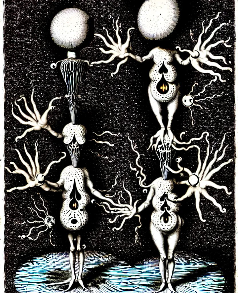 Image similar to whimsical freaky creature sings a unique canto about'as above so below'being ignited by the spirit of haeckel and robert fludd, breakthrough is iminent, glory be to the magic within