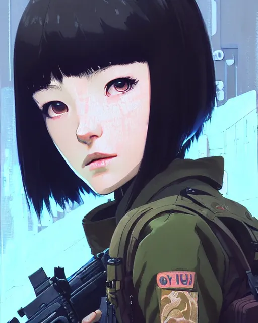 Image similar to girl wearing in tactical gear | | audrey plaza, fine detail!! anime!! realistic shaded lighting!! dramatic!! poster by ilya kuvshinov katsuhiro otomo ghost - in - the - shell, magali villeneuve, artgerm, jeremy lipkin and michael garmash and rob rey