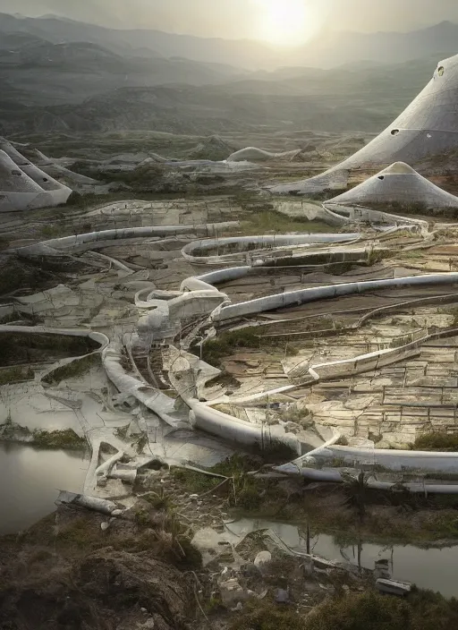 Image similar to techno chuquicamata bioremediation white mining tailing futuristic horizontal architecture, epic, cinematic, hyperealistic, high detailed, corona render, hdr, ray tracing