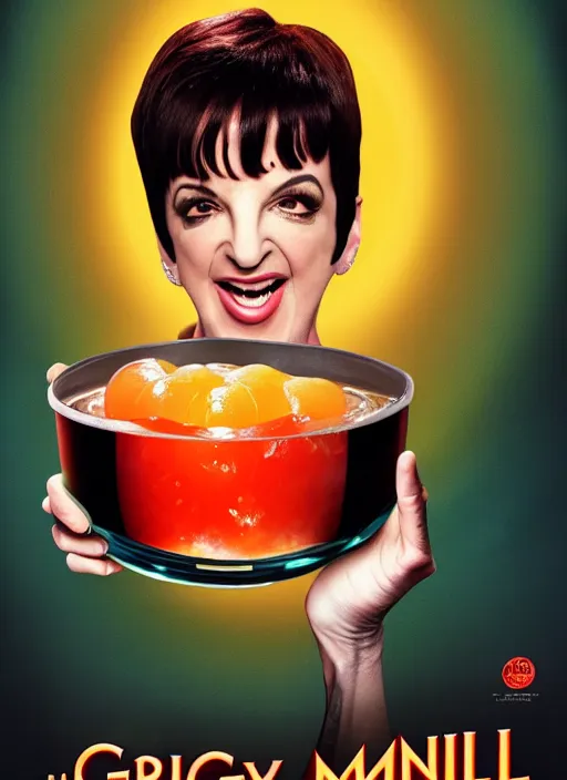 Prompt: highly detailed comedy caper movie poster with laughing liza minnelli face in a big bowl of jelly, face inside jelly by greg rutkowski