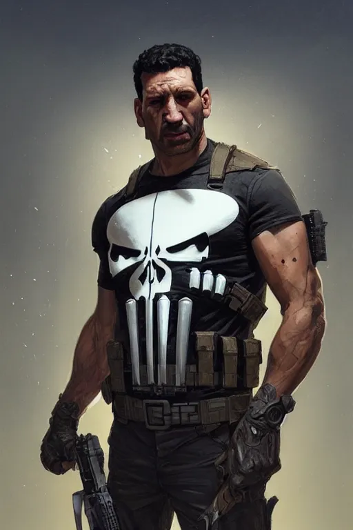 Image similar to rayan reynolds as punisher, portrait, skull on the chest, highly detailed, digital painting, artstation, concept art, smooth, sharp focus, illustration, cinematic lighting, art by artgerm and greg rutkowski and alphonse mucha