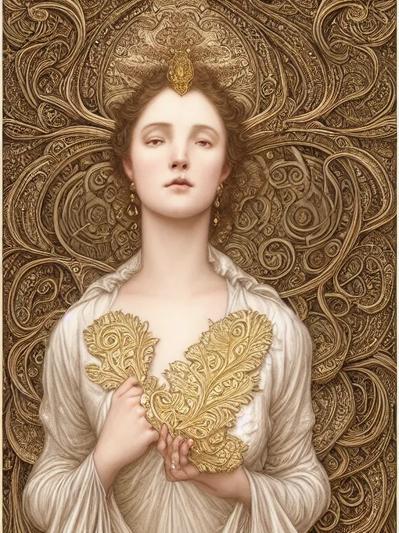 Prompt: Gustave dore beautiful maiden ivory mask intricate ornate wings fractal-lace iridescent gemstone wearing ivory rococo dress, ivory gold, iridescent highlights, full view, soft lighting, vivid, Hyperdetailed, 4k hd matte painting by Artgerm, Kelly McKernan, Marc Simonetti, Mucha, Klimt, Moebius, James Jean, 8k resolution, enchanting and otherworldly, Artstation, CGsociety, detailed, front view