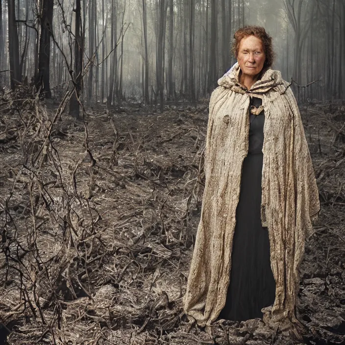 Image similar to closeup portrait of a woman wearing a cloak made of geodes and wire, standing in a burnt forest, by Annie Leibovitz and Steve McCurry, natural light, detailed face, CANON Eos C300, ƒ1.8, 35mm, 8K, medium-format print