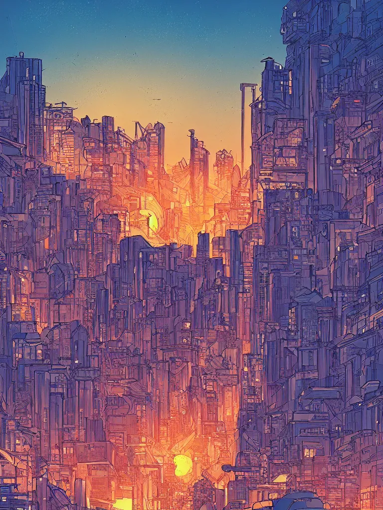 Image similar to a digital art of sunset, a metropolis beside the river, by laurie greasley, artstation, studio ghibli color scheme