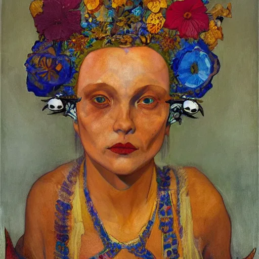 Image similar to the bone crown, by annie swynnerton and nicholas roerich and diego rivera, elaborate costume, flowers, iridescent beetles, rich color, dramatic cinematic lighting, smooth, sharp focus, extremely detailed