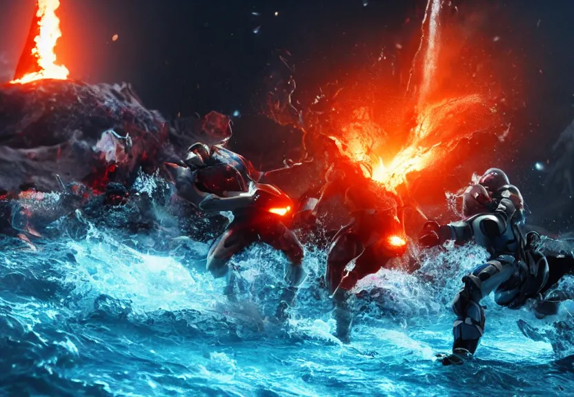 Prompt: two characters clashing & fighting over planet earth, one side water & one side fire & volcano, octane render, future