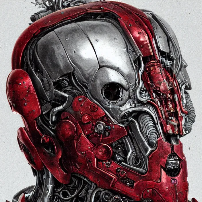 Prompt: in the art style of h. r. giger a portrait of an evil ruby ultron from age of ultron, clockwork steampunk, mangled, battle - damage, head and chest only, by beksinski, 4 k, deviantart, trending on artstation